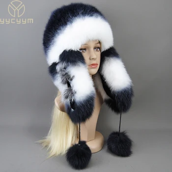 Гореща разпродажба на дамски зимни топла луксозна шапка от 100% естествена лисьего кожа, модерен пухкави шапки от лисьего кожа заек Рекс, дамски шапки-бомберы от естествена кожа