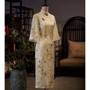 Китайският национален завързана Ципао с бутони, винтажное-секси дълга рокля с флорални принтом, Ципао