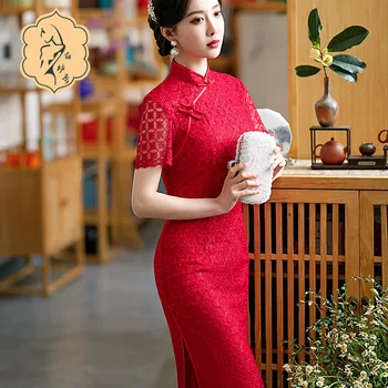 Рокля Чонсам Модерен 2022 традиционен Китайски Червен дантелен Чонсам Ципао Реколта ориенталски сватбени дамски рокли