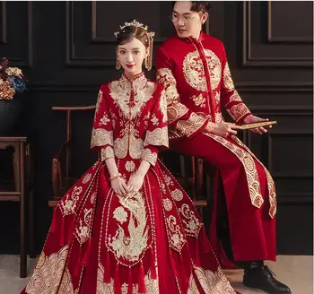 Сватбена рокля в китайски стил 2022, нова булка, омъжените жени, червен Феникс