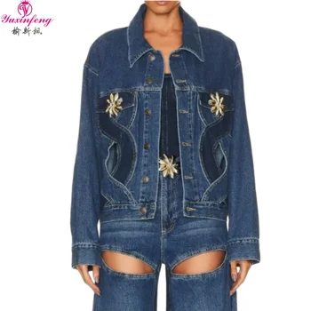 Yuxinfeng 2023 Есен ново дамско дизайнерско джинсовое палто с дупки и копчета, дънкови якета с цветен блок, Модни дънкови якета, ежедневни оверсайз син цвят