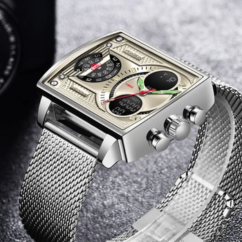 Мъжки часовник FOXBOX, квадратни цифрови кварцови часовници, водоустойчиви часовници 30 м, мъжки часовници с двоен дисплей, модерен многофункционален часовник с дата + кутия