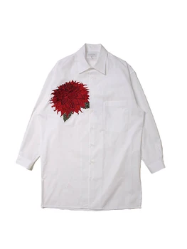 Риза с бродерия Dahlia pinnata, мъжки ризи yohji yamamoto, бяла риза оверсайз за мъжки дрехи, дрехи унисекс, дамски дрехи