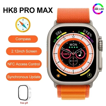 AMOLED Екран HK8 Pro Max Ултра Умни часовника 49 мм 2,12 инча 485*520 Bluetooth Предизвикателство NFC Компас Мъжки Смарт часовници 2023 Спортни Часовници