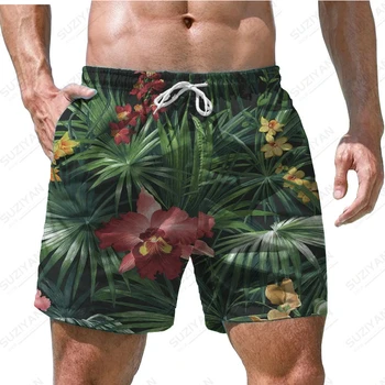 Забавни Хавайски Плажни Шорти С 3D Принтом Зелени Растения, Мъжки Спортни, Ежедневни, Плажни Шорти, Модни Шорти За Бягане, Дишаща, по-Големи Размери