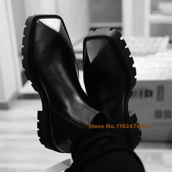 Дамски ботильоны от естествена кожа, модерен зимни обувки на платформа с квадратни пръсти, мъжки къси ботуши, офис дамски обувки, размер 38-44