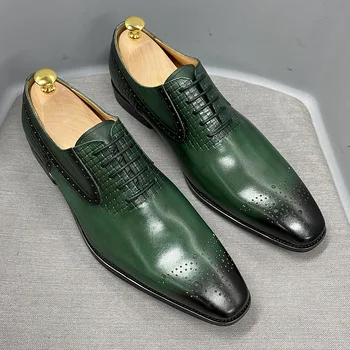 Размери от 6 до 13, мъжки на модела обувки-oxfords от естествена кожа ръчно изработени, зелени броги дантела, класически официални сватбени и официални обувки за мъже