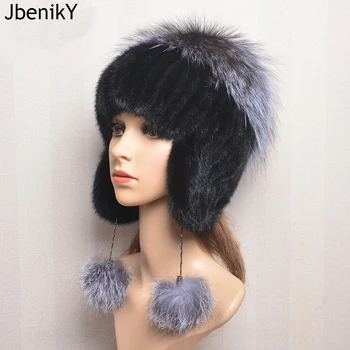 Гореща разпродажба, модни норковая шапка с лисици ръка, зимни топли луксозни дамски възли шапки, норковые шапки вертикално тъкане с лисьим кожа отгоре