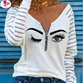 APIPEE, Новост 2023, Дамски Памучен Тениска с дълъг ръкав и принтом Очите, V-Образно деколте, с Цип, на y2k, дамски блузи, ropa de mujer