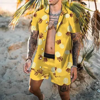 2023 Нови модни мъжки комплекти с къс ръкав, хавайска риза и къси панталони, лятна ежедневни риза с принтом, плажен костюм от две части, върхове