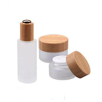 Продажба на едро, 5 г, 15 г, 30 г, 50 г, 100 г, 150 г, 200 г, на Банките от рециклирана матово стъкло, естествен бамбук козметична опаковка стъклена банка с бамбук капак