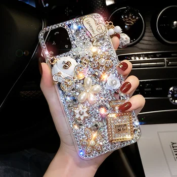 За Huawei калъф за вашия телефон, Луксозен модерен диамантена перла с висулка за жени Ins блестящ диамант цвете Пълен калъф за защита от падане с диаманти