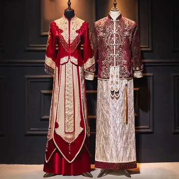 Традиционната сватбена рокля в китайски стил, женски Чонсам, червен дрехи с бродерия, върхове Ципао с пискюли