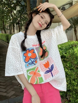 Тениски ADAgirl Harajuku с флорални принтом, женски прозрачни отворени летни тениски с къс ръкав, кавайная тениска оверсайз, красиви върхове