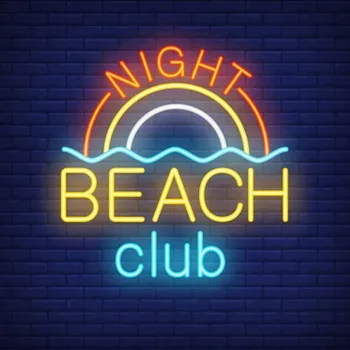 Неонова реклама с Надпис нощно плажен клуб и дъга с вълна от Неонови стенни табели за публикуване на хотел, плаж, коктейл, развлечения, игри