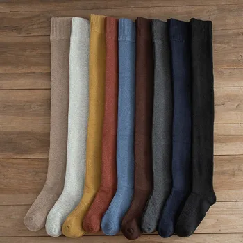 Зимни Дамски Дебели Топли Памучни Чорапи Harajuku Ретро Антифриз Хавлиени Модни Чорапогащи до Коляното На 2 Двойки