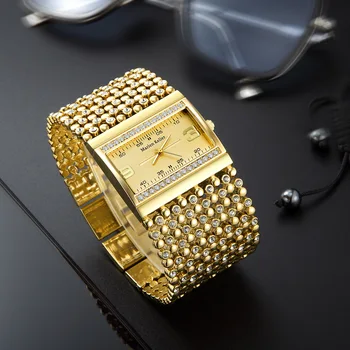 Златното ново записване, правоъгълни дамски часовници 2023, луксозен, елегантен марка от неръждаема стомана, творчески дамски часовници със златни пайети