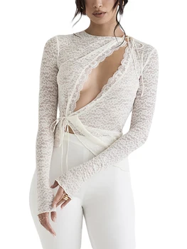Дамски елегантни лейси отворена блуза с дълъг ръкав, обикновен кръгъл отвор, приталенная базова риза, модни есенни пуловери 2023 година