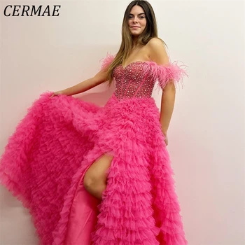 CERMAE без презрамки, расшитое мъниста от пера, елегантна шифоновое вечерна рокля за бала, розови вечерни рокли трапецовидна форма за жени 2023