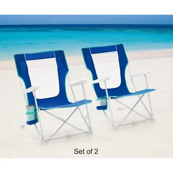 Сгъваем плажен стол с твърда подлакътник от 2 теми и чанта за носене, Синьо, 26,38x23,03x31,10 инча