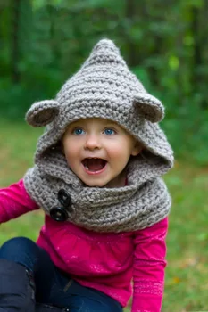 детска шапка с качулка, шал с качулка и hoody с качулка, вязаная ръчно дебела вълнена шапка с качулка - Tundra