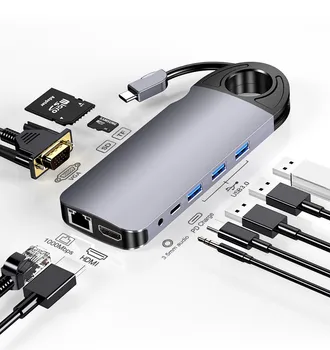 USB C HUB Type-C за Мулти 4K, HDMI, VGA, rj-45 Gigabit Ethernet, USB 3.0 Хъб 10 в 1 Адаптер, USB Сплитер Пристанища PD