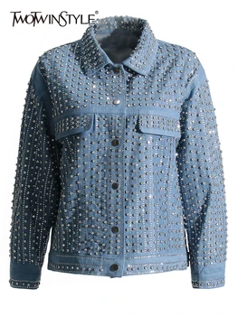 TWOTWINSTYLE Палто в стил мозайка с диаманти за жените, ежедневно палто с дълъг ръкав и копчета, пролетен дамски модни дрехи 2023