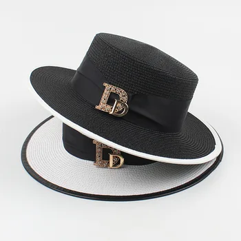 Панама, модни дамски елегантен сламена шапка от лико, букви от планински кристал, за почивка и пътуване, висококачествена дамска лятна шапка за банкет
