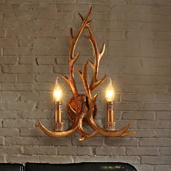 Халба бира Елен, с монтиран на стената лампа Дървена усещане смола декоративна свещ, с монтиран на стената лампа, рог на елен ретро бял led разклонение на дърво антре декор лампа