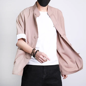 Лятна мъжка нова яке-жилетка с катарама в ретро стил, мъжки ежедневни риза с къси ръкави в традиционен китайски стил Hanfu, висококачествена и модерна риза с къси ръкави