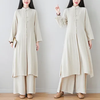 Пролет-есен облекло за чай, изработени от памук и лен с дълъг ръкав, костюми в събота китайски стил за жени, униформи кунг-фу