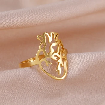 Skyrim, кух анатомическое пръстен във формата на сърце, дамски пръстен на пръста си от неръждаема стомана златист цвят, модерен медицински и биологични декорация, подарък за влюбени