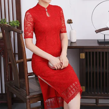 Китайското червена рокля ципао с мандариновым чонсам, завързана обещаващ яка, официална вечерна рокля, вечерни рокли за банкет с цепка отстрани