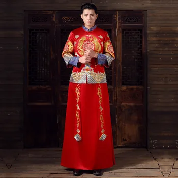 Мъжки сватбена рокля в китайски стил, с червена бродерия, вечерна рокля за булката, яке-кимоно, костюм от епохата на тан, традиционни костюми за наздравици, дрехи