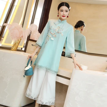 2022 за жени китайски стил ретро шифоновая блуза ципао с цветна бродерия тан ризи за момчета вечерни яка-часова дълги върховете чонсам
