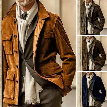 Ново Мъжко Ежедневното палто от Телешка кожа с Плюшем за Пролетта и Есента в Европейския и Американския стил, Ветровка с Много джобове