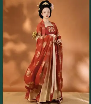 Женствена рокля на династията Тан, Китайската Древна облекло, Лятно Китайското рокля Hanfu, Червено Шифоновое