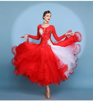 Женствена рокля за танци балната зала 2023, ново дизайнерско женствена рокля за балните танци с дълъг ръкав, червени модерни рокли за балните танци, за валс