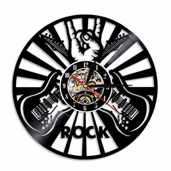 Рок ръчно знак на стенно изкуство стенни часовници Музикална стая стенен декор Vinyl плоча часовници фен на рок музиката гитаристам подарък бижу за китара