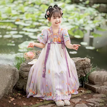 Древните детски традиционните лилави рокли с бродерия на цветя, китайски облекло, костюм за момичета, представяне на народни танци Hanfu