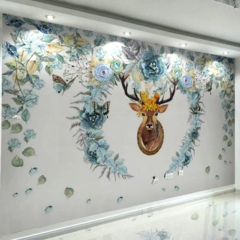 Потребителски 3D фотообои Стенни живопис скандинавски модерна ръчно рисувани Цветя Лосове Спалня хол ТЕЛЕВИЗИЯ фон Тапети, стенни картини