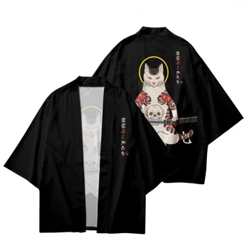 Японското кимоно Юката Самурайское кимоно Риза с принтом котка Облекло кимоно жилетка Женски мъжки традиционен японски самурай костюм