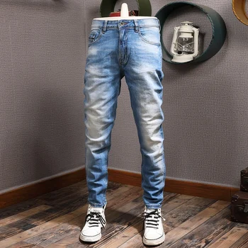 Модерни маркови мъжки дънки, ретро-сини разтеглив скъсани дънки Slim Fit, мъжки реколта ежедневни панталони в корейски стил, дънкови панталони Hombre